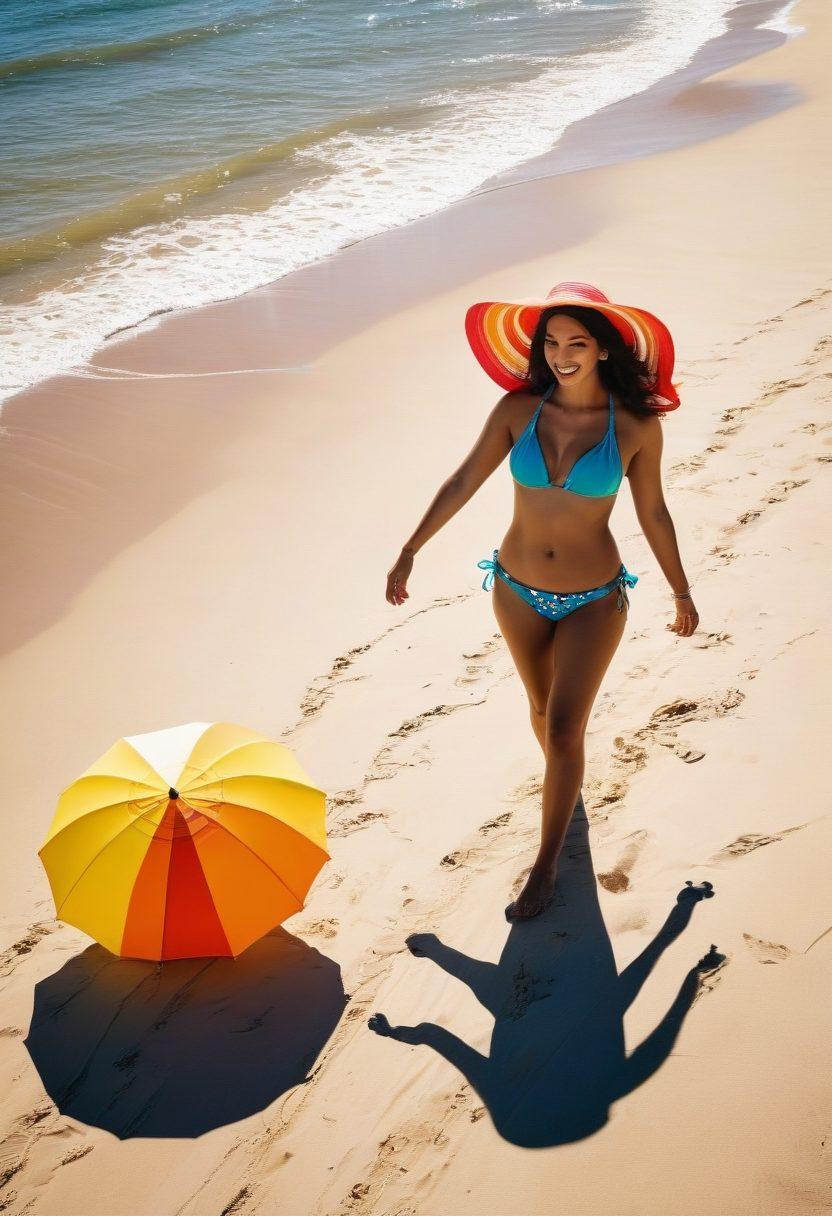 A lively beach scene showcasing diverse women confidently wearing trendy bikinis in various styles and colors, basking in the bright sun. Include colorful beach umbrellas, sun hats, and beach balls to convey a fun atmosphere. The ocean waves should gently lap at the shore, enhancing the summer vibe. Incorporate warm sunlight for a cheerful effect. vibrant colors. super-realistic. sunny atmosphere.